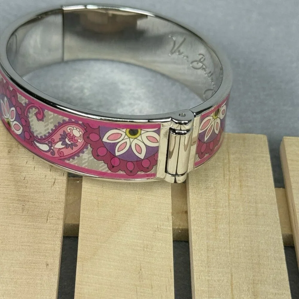 Vera Bradley Bracelet Paisley Meets Plaid Pink Silver Tone Clamper Bangle 7